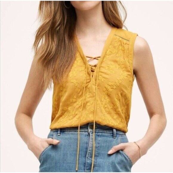 Anthropologie Tops - Anthropologie MAEVE Mustard Yellow Floral Embroidered Lace-Up Sleeveless Top 4
